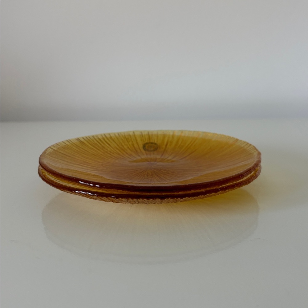 2 x Vintage Sasaki Amber Textured Ice Glass Bread Plates Japan 1970s